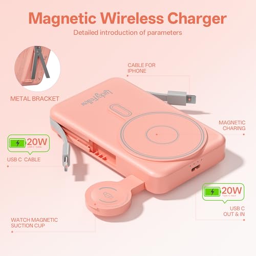 Magnetic Portable Charger Built-in Cables,10000mAh Fast Charging Wireless Charger Station External Battery Pack Slim Pocket Size Power Bank with Stand Compatible with iWatch, iPhone - color: Pink