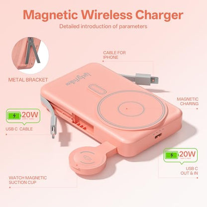 Magnetic Portable Charger Built-in Cables,10000mAh Fast Charging Wireless Charger Station External Battery Pack Slim Pocket Size Power Bank with Stand Compatible with iWatch, iPhone - color: Pink