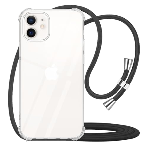 for iPhone 12 Mini Clear Case Adjustable Shoulder Neck Lanyard Crossbody Strap Phone Cover Women Girls Soft Slim Bumper Shockproof Protective Mobile Case for iPhone 12 Mini - Black - size: for iPhone 12 Mini