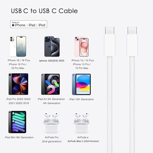 10FT iPhone 17/16/17E/16E Woven Cable for iPhone 17/16/15 Pro Max, 17Air, 15/16 Plus Cable, USB C to USB C for AirPods 4, AirPods Pro 2, TV Siri Remote, 4K Remote 3rd Gen, TV 4th Gen Charger Cord - size: 10FT, style: USB C to USB C
