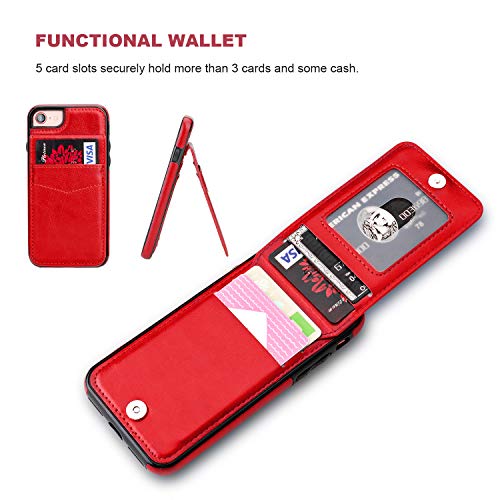 KIHUWEY for iPhone SE/8/7 Wallet Case Card Holder Kickstand, Red - color: Red