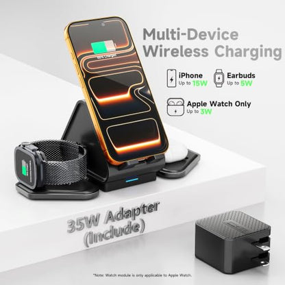 3 in 1 Charging Station, Mag Safe Wireless Charger Stand, Qi2-enable, 15W Multiple Device Magnetic Charging Station for iPhone 16,15,14,13,12 Series, Apple Watch, AirPods (USB-C Charger Included)