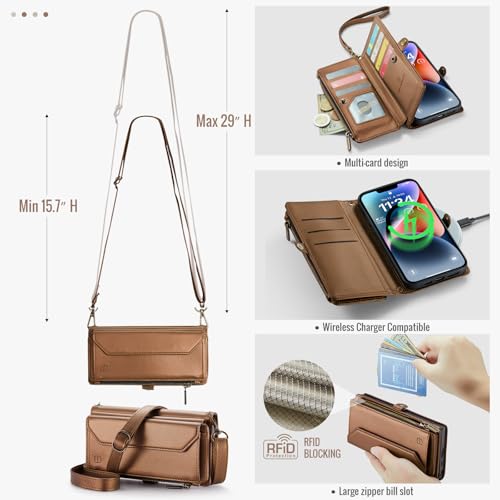 Strapurs Wallet Case Compatible with iPhone 14 Plus RFID Blocking 10-Card Holder Soft PU Leather Magnetic Snap Shoulder Strap Zipper Pocket Phone Case Fit for iPhone 14 Plus 6.7" - Brown | RFID Blocking 10-Card Holder, Shoulder Lanyard, Wirst Strap, Zippe