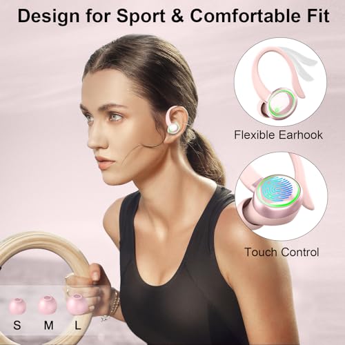 Matast Wireless Earbuds, Bluetooth Headphones Sports, IP7 Waterproof Headset with Earhook Workout, 50H Playback Over-Ear Buds with ENC Noise Cancelling Mic, Deep Bass Fitness Earphones Gym Running - color: Lily powder