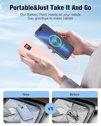 AsperX 2-Pack 10000mAh Portable Charger Built-in USB C Cables, LED Display - color: Bule+pink