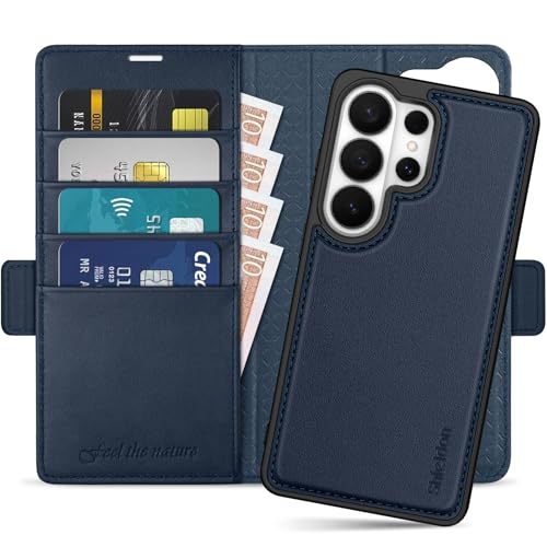 SHIELDON 2 in 1 Genuine Leather Case Wallet for Galaxy S26 Ultra, Navy Blue | Detachable, RFID Blocking, Credit Card Holder, Magnetic Closure, Kickstand, Folio Full Protective Cover - color: Navy Blue