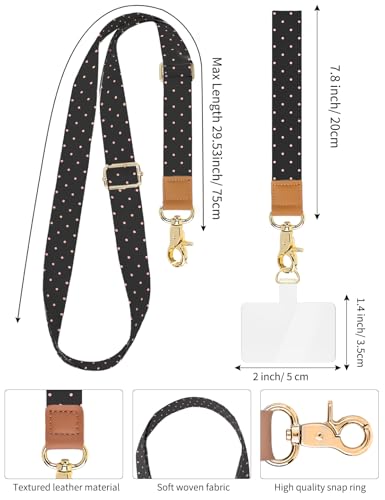 Phone Lanyard Crossbody Strap, Adjustable Neck Strap and Wristlet Strap for Phone Wallet ID Badge with 2 Phone Tabs - color: Black Pink Dots