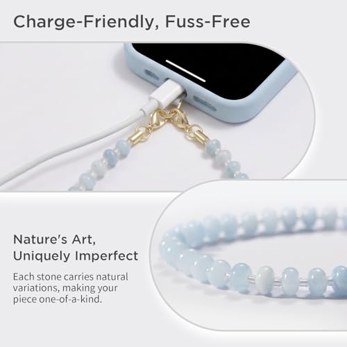 POSADINA Natural Stone Phone Charm, Beaded Healing Phone Wrist Strap, Handmade Cellphone Chain Lanyard with Tether Tab - color: Celeste Mist