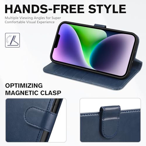 TUCCH Wallet Case for iPhone 14 (6.1") 2022, 4 Card Slots, Dark Blue | RFID Blocking, Viewing Stand, Shockproof TPU Shell, PU Leather, Magnetic Closure, Protective Folio Flip Cover - color: Dark Blue