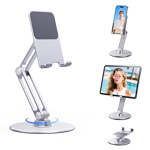 Cell Phone & Tablet Stand for Desk, Adjustable 360° Swivel Aluminum Alloy Desktop Phone Holder with 360-degree Rotating Base and Dual Axis Adjustment for 4"-13" Phone and Tablet - color: L08-Silver