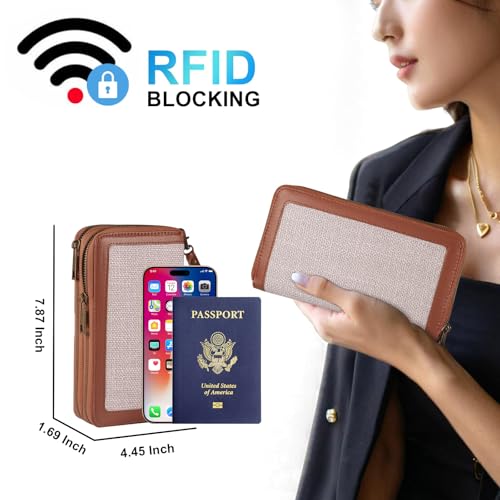 Double Zipper Wallet RFID Blocking Cellphone Wristlet for Women Large Capacity Multi Card Clutch Purse with Removable Strap, Grey Linen Brown - color: Grey Linen Brown