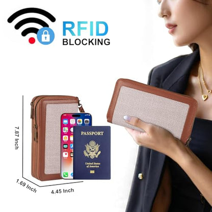 Double Zipper Wallet RFID Blocking Cellphone Wristlet for Women Large Capacity Multi Card Clutch Purse with Removable Strap, Grey Linen Brown - color: Grey Linen Brown