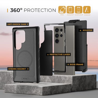 MOTIVE Heavy Duty Case for Samsung Galaxy s24 Ultra, Belt Clip | 6.8" | Bunker Series, Military Grade Multi-Layer Protection, PC/TPU Build, Sealed Port Cover, Compatible with MagSafe Qi2 Charging - size: s24 Ultra