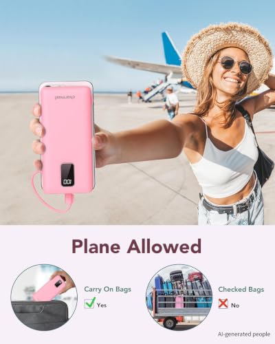 charmast Portable Charger Power Bank Built in Cables,10000mAh Battery Pack | with AC Wall Plug,LED Display & 5 Outputs,Travel Camping Essentials Slim External Phone Charger for iPhone,Samsung,Android - color: Pink