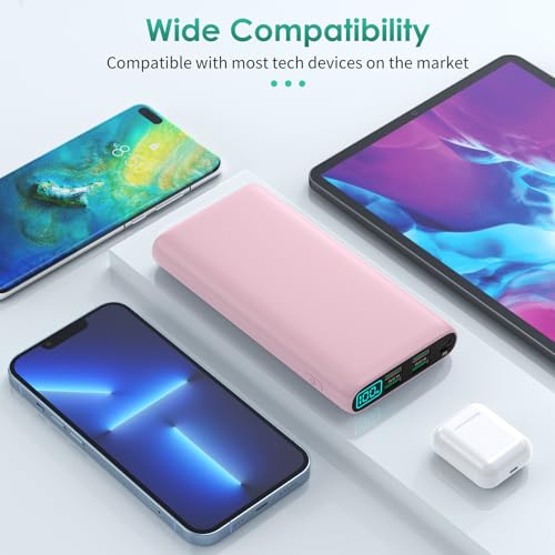 Portable Charger 38800mAh,LCD Display Power Bank,5 USB Outputs Battery Pack Backup, USB-C 3A in&out Travel Essential Portable Phone Charger For iPhone 18 Pro Max/17/16/15,Android Samsung Galaxy-Pink - color: Pink