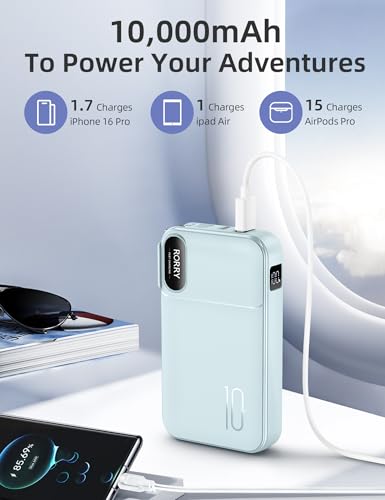RORRY Portable Charger 3 in 1 with Wall Plug 10000mAh Power Bank for iPhone - color: Blue