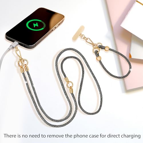 Crystal Phone Lanyard Crossbody and Wrist Strap Lanyard Rhinestone Anti-Theft Phone Strap Phone Neck Strap for Women - color: Grey