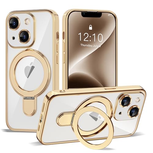 Compatible with iPhone 14 Case with Invisible Magnetic Ring Stand [Compatible with Mag-Safe] [Full Camera Lens Protector] Plating Clear Phone Case for iPhone 14 6.1", Gold - color: Gold, size: Iphone 14