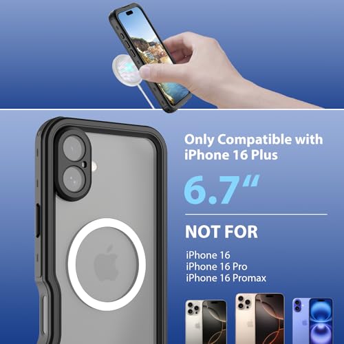 Waterproof Clear Case for iPhone16 Plus, IP68 Magnetic DropProof, BlackSide - size: iPhone 16 Plus 6.7 inch