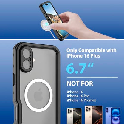 Waterproof Clear Case for iPhone16 Plus, IP68 Magnetic DropProof, BlackSide - size: iPhone 16 Plus 6.7 inch