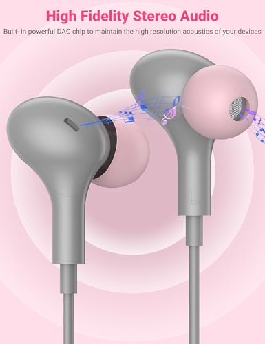 USB C Earbuds with Microphone Cute in Ear Wired Headphone - color: Grey Pink