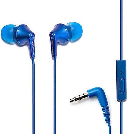 Panasonic ErgoFit Wired Earbuds with Microphone, 3.5mm Jack Headphones with Mic and Call Controller, Ergonomic Custom-Fit Earpieces (S/M/L), for Phones and Laptops - RP-TCM125-AA (Metallic Blue)