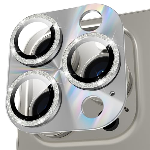 YWXTW Camera Lens Protector for iPhone 15 Pro Max/iPhone 15 Pro, [Lithography Laser Gradient] [5X Strengthen] Tempered Glass Screen Protector Metal Ring Back Camera Lens Cover (Natural Glitter) - color: Natural Glitter
