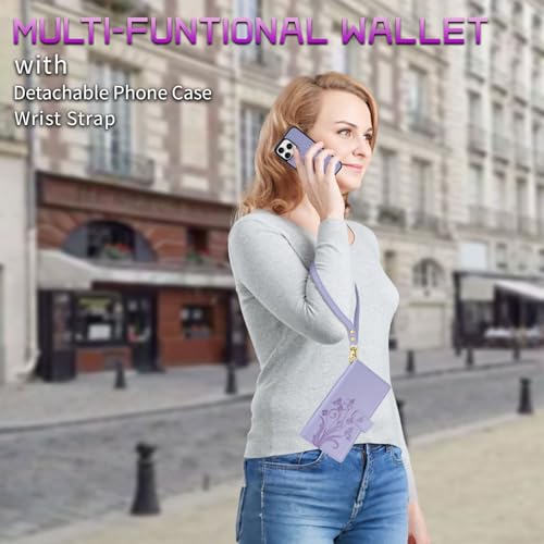 for iPhone 16e/17e Case Wallet,Compatible with MagSafe Magnetic 2 in 1 Magnetic Detachable PU Leather RFID Blocking Wallet Cover Card Holder Zipper Wrist Strap Lanyard,Floral Light Purple - color: Light Purple