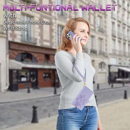 for iPhone 16e/17e Case Wallet,Compatible with MagSafe Magnetic 2 in 1 Magnetic Detachable PU Leather RFID Blocking Wallet Cover Card Holder Zipper Wrist Strap Lanyard,Floral Light Purple - color: Light Purple