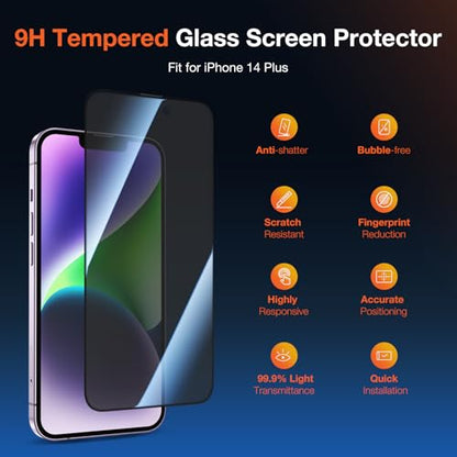 KUZOOM 2Pack Privacy 9H+ Tempered Glass Screen Protector for iPhone 14 Plus - color: Black 14Plus