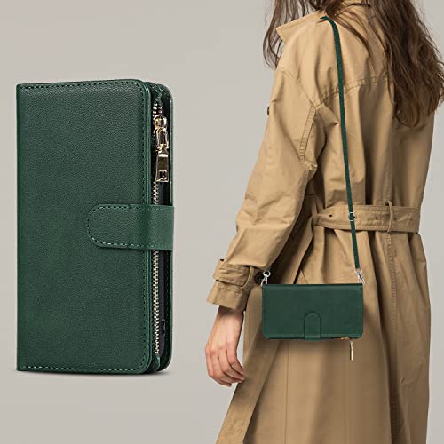 iCoverCase for Samsung Galaxy S23 Ultra Wallet Case with Card Holder, Kickstand Feature PU Leather Case with Adjustable Crossbody Lanyard Magnetic Clasp Zipper Pocket Flip Cover (Green) - color: Green, size: Galaxy S23 Ultra
