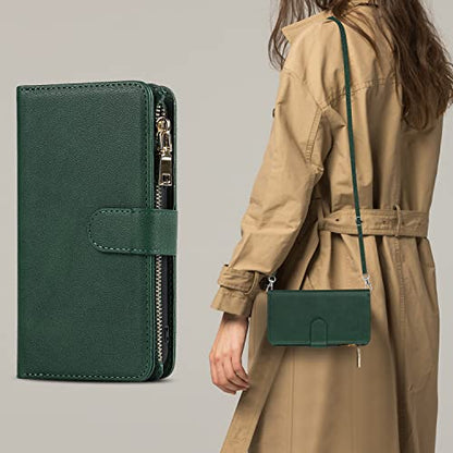 iCoverCase for Samsung Galaxy S23 Ultra Wallet Case with Card Holder, Kickstand Feature PU Leather Case with Adjustable Crossbody Lanyard Magnetic Clasp Zipper Pocket Flip Cover (Green) - color: Green, size: Galaxy S23 Ultra