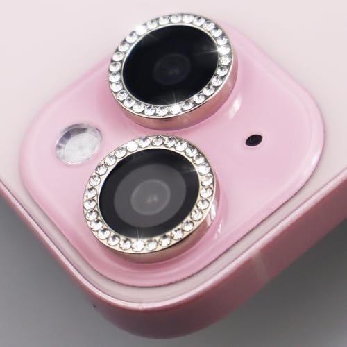 Camera Lens Protector for iPhone 15/15 Plus/14/14 Plus Bling Diamond Metal Ring Rhinestone Tempered Glass Lens Cover Accessories (Silver) - color: Silver