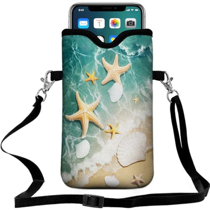 Universal Neoprene Cell Phone Pouch 7.1 X 4 in Mobile Protection Case Bag with Crossbody Strap/Neck Lanyard Beach Starfish Shells - color: Beach Starfish Shells