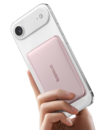 Baseus Picogo Power Bank, 0.3" Ultra Slim 5000mAh MagSafe Battery Pack, Upgraded Polished Alloy Magnetic Portable Charger, Wireless Charger with USB-C Cable for iPhone 17 Pro Max/17 Air/16/15/14/13/12 - color: Polished Nebula Pink