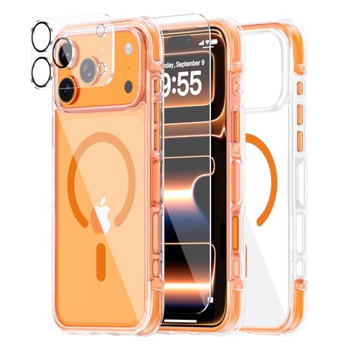 Clear Airbag Case for iPhone 17 pro case,Military Grade Drop Shockproof Protective,Compatible with MagSafe,Full Protection[Includes Screen & Lens Protector] Non-Yellowing Magnetic Cover - color: Clear Airbag Orange, size: iPhone 17 Pro