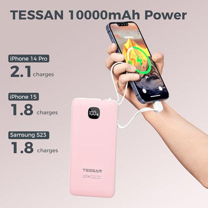 TESSAN Portable Charger with Built in Cables, 10000mAh Power Bank Wall Plug - color: Pink