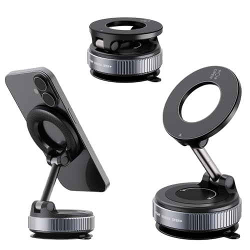 Vacuum Magnetic Car Phone Holder for MagSafe – 360° Adjustable Suction Cup Mount for Car, Gym & Mirror | Hands-Free Use | Compatible with iPhone & Android (Black)