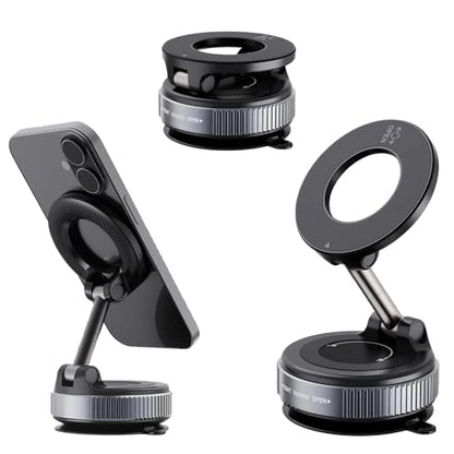 Vacuum Magnetic Car Phone Holder for MagSafe – 360° Adjustable Suction Cup Mount for Car, Gym & Mirror | Hands-Free Use | Compatible with iPhone & Android (Black)