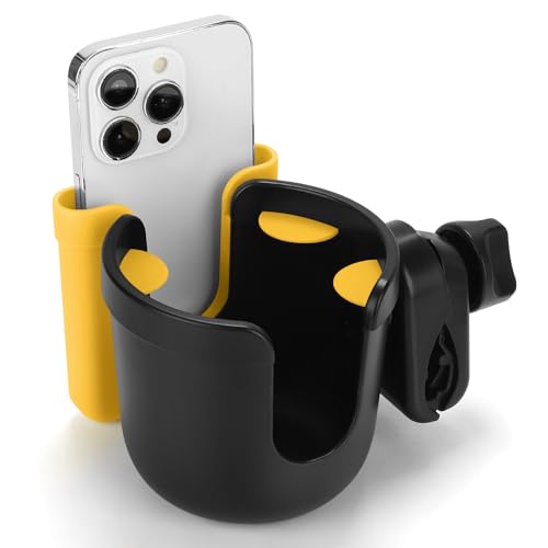 Accmor Wheelchair Cup Holder with Phone Holder, ﻿Universal 360° Rotatable Walker Cup Holder Rollator Scooter Accessory - color: Yellow