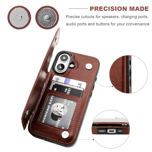 ONETOP for iPhone 16 Wallet Case with Credit Card Holder,Brown | Kickstand,ID/Cash Holder,Case Wallet with Card Slots,Double Magnetic Clasp,Durable PU Leather Shockproof Cover for Women Men - color: Brown