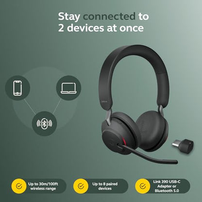 Jabra Evolve2 65 Bluetooth Wireless Headset with Mic for Calls and Music, Dual-Ear Headphones with USB-C Adapter, Up to 37 Hours Battery, Noise-Cancelling, Works with Microsoft Teams, Black (189) - size: USB-C Dongle, style: Teams Certified