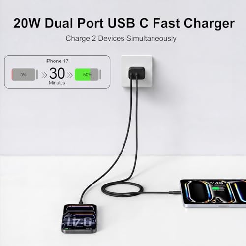 iPhone 18 17 16 15 Charger Fast Charging, 20W Dual Port USB C Charger Block - color: Black
