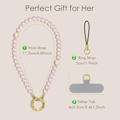 SURPHY Phone Charm, Handmade Beaded Phone Wrist Strap with Tether Tab - color: B- Pearl Pink