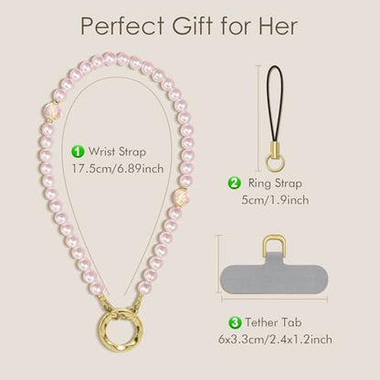 SURPHY Phone Charm, Handmade Beaded Phone Wrist Strap with Tether Tab - color: B- Pearl Pink