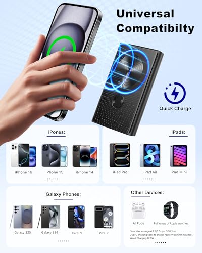 Aaoyun Magnetic Portable Charger 10000mAh, 15W Wireless & 22.5W PD Fast Charging Battery Pack, USB-C in/Out, Ultra-Strong Magnet for iPhone 17/16/15/14/13/12 Series, Black