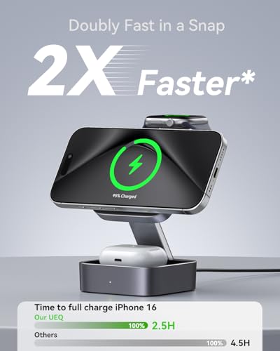 UEQ 3 in 1 Wireless Charging Station for Apple Devices,Compatible with MagSafe Charger Stand,Foldable Fast Travel Magnetic Wireless Charger for iPhone 17 Air 16 15 14 13 12,Apple Watch&AirPods Pro