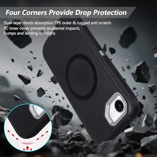 Defender for iPhone 16e Case with Belt Clip and Kickstand, Black Grey 6.1" | Compatible with MagSafe, Heavy Duty Drop Protection, Rugged Shockproof Protective Case for iPhone 16e with Kickstand - color: Black+Grey