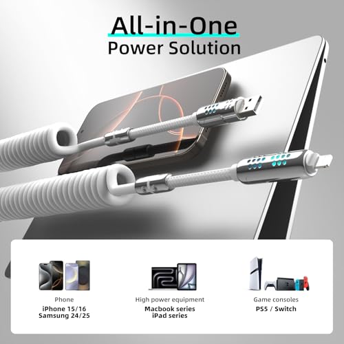 MFish Coiled 4 in 1 USB C Cable, 6.6FT Fast Charging Cable - color: White(4-in-1 Coiled)