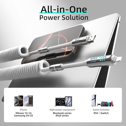 MFish Coiled 4 in 1 USB C Cable, 6.6FT Fast Charging Cable - color: White(4-in-1 Coiled)